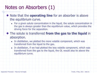 Separation Processes – Maurizio Fermeglia Trieste, 4 May, 2021 - slide 61
Notes on Absorbers (1)
Note that the operating line for an absorber is above
the equilibrium curve.
 For a given solute concentration in the liquid, the solute concentration in
the gas is always greater than the equilibrium value, which provides the
driving force for the separation.
The solute is transferred from the gas to the liquid in
absorption.
 In distillation, we plotted the more volatile component, which was
transferred from the liquid to the gas.
 In distillation, if we had plotted the less volatile component, which was
transferred from the gas to the liquid, the OL would also lie above the
equilibrium curve.
 