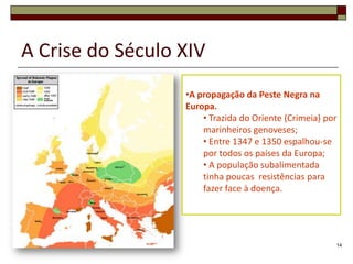 A Crise do Século XIV
                  •A propagação da Peste Negra na
                  Europa.
                      • Trazida do Oriente (Crimeia) por
                      marinheiros genoveses;
                      • Entre 1347 e 1350 espalhou-se
                      por todos os países da Europa;
                      • A população subalimentada
                      tinha poucas resistências para
                      fazer face à doença.




                                                       14
 