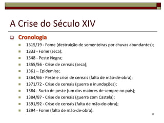 A Crise do Século XIV
   Cronologia
       1315/19 - Fome (destruição de sementeiras por chuvas abundantes);
       1333 - Fome (seca);
       1348 - Peste Negra;
       1355/56 - Crise de cereais (seca);
       1361 – Epidemias;
       1364/66 - Peste e crise de cereais (falta de mão-de-obra);
       1371/72 - Crise de cereais (guerra e inundações);
       1384 - Surto de peste (um dos maiores de sempre no país);
       1384/87 - Crise de cereais (guerra com Castela);
       1391/92 - Crise de cereais (falta de mão-de-obra);
       1394 - Fome (falta de mão-de-obra).
                                                                       27
 