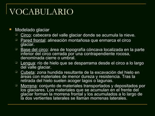 VOCABULARIO


Modelado glaciar
 Circo: cabecera del valle glaciar donde se acumula la nieve.
 Pared frontal: alineación montañosa que enmarca el circo
glaciar.
 Base del circo: área de topografía cóncava localizada en la parte
inferior del circo cerrada por una contrapendiente rocosa,
denominada cierre o umbral.
 Lengua: río de hielo que se desparrama desde el circo a lo largo
del valle glaciar.
 Cubeta: zona hundida resultante de la excavación del hielo en
áreas con materiales de menor dureza y resistencia. Tras la
retirada del hielo suelen acoger lagos o lagunas.
 Morrena: conjunto de materiales transportados y depositados por
los glaciares. Los materiales que se acumulan en el frente del
glaciar forman la morrena frontal y los acumulados a lo largo de
la dos vertientes laterales se llaman morrenas laterales.

 