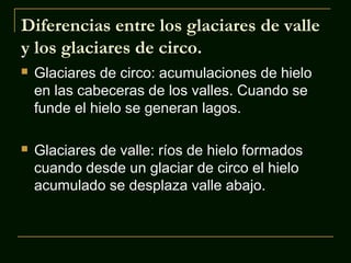 Diferencias entre los glaciares de valle
y los glaciares de circo.


Glaciares de circo: acumulaciones de hielo
en las cabeceras de los valles. Cuando se
funde el hielo se generan lagos.



Glaciares de valle: ríos de hielo formados
cuando desde un glaciar de circo el hielo
acumulado se desplaza valle abajo.

 
