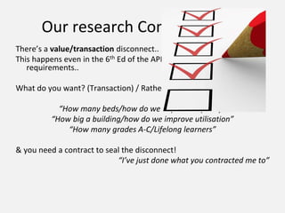 Our research Concludes that
There’s a value/transaction disconnect..
This happens even in the 6th Ed of the APM’s BoK, value is a subset of
requirements..
What do you want? (Transaction) / Rather than what represents value!
“How many beds/how do we improve capacity”
“How big a building/how do we improve utilisation”
“How many grades A-C/Lifelong learners”
& you need a contract to seal the disconnect!
“I’ve just done what you contracted me to”
 