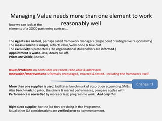 Managing Value needs more than one element to work
reasonably wellNow we can look at the
elements of a GOOD partnering contract...
The Agents are named, perhaps called framework managers (Single point of integrative responsibility)
The measurement is simple, reflects value/work done & true cost.
The exclusivity is protected. (The organisational stakeholders are informed.)
Appointment is waste-less, ideally call off.
Prices are visible, known.
Issues/Problems on both sides are raised, raise-able & addressed.
Innovation/Improvement is formally encouraged, enacted & tested. Including the framework itself.
More than one supplier is used, facilitates benchmark of absorption accounting SMEs.
Also Benchmark, to prior, the others & market performance, compare apples with!
Performance is rewarded by more (or less) programme work.. And only this.
Right sized supplier, for the job they are doing in the Programme.
Usual other QA considerations are verified prior to commencement.
Change it!
 