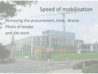 Speed of mobilisation
Removing the procurement, time.. Waste
Photo of tender
and site work
 