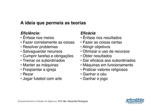 A ideia que permeia as teorias

  Eﬁciência:!                                             Eﬁcácia:"
  • Ênfase nos meios"                                     • Ênfase nos resultados"
  • Fazer corretamente as coisas"                         • Fazer as coisas certas"
  • Resolver problemas"                                   • Atingir objetivos"
  • Salvaguardar recursos"                                • Otimizar o uso de recursos"
  • Cumprir tarefas e obrigações"                         • Obter resultados"
  • Treinar os subordinados"                              • Dar eﬁcácia aos subordinados"
  • Manter as máquinas"                                   • Máquinas em funcionamento"
  • Freqüentar a igreja"                                  • Praticar valores religiosos"
  • Rezar"                                                • Ganhar o céu"
  • Jogar futebol com arte                                • Ganhar o jogo




Empreendimento e Gestão de Agência | Prof. Me. Alexandre Rodriguez
                                                                                            13
 