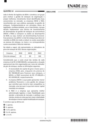 11
ADMINISTRAÇÃO
QUESTÃO 14	
João é diretor de logística da BSW e constituiu um grupo
para analisar a gestão de estoques da organização e
propor melhorias. Inicialmente, foram identificadas duas
concorrentes no mercado: as empresas MEW e RWZ,
reconhecidas por suas práticas avançadas na gestão de
estoques. Fundamentando-se em princípios éticos de
legalidade, confidencialidade, uso e intercâmbio, o grupo
decidiu implementar uma técnica de monitoramento
do desempenho da gestão de estoques da concorrência
(MEW e RWZ) e comparar os dados ao desempenho
da BSW, ou seja, realizar um benchmarking funcional.
Esse processo visa definir o nível de estoque que deve ser
mantido na BSW, de modo a reduzir os custos associados
ao excesso de estoque, os riscos e os correspondentes
custos associados à falta de materiais.
Na tabela a seguir, são apresentados os indicadores de
giros de estoque de 2011 dessas organizações.
Empresa BSW MEW RWZ
Giro de estoque 20 80 140
Considerando que o custo anual das vendas de cada
empresa é de R$ 14 000 000,00 e comparando a situação
operacional das três organizações por meio do indicador
de giro de estoque, analise as afirmações seguintes.
I.	 A necessidade de capital de giro é maior para a
empresa BSW, pois, enquanto ela precisa de
R$ 700000,00 para financiar seus estoques, a
MEW e a RWZ necessitam de R$ 175 000,00 e
R$ 100 000,00, respectivamente.
II.	 A empresa MEW é a que pode apresentar menor
problema financeiro e  uma gestão de estoque
que contribui para torná-la mais competitiva no
mercado, uma vez que é a que tem menor capital
investido em estoque.
III.	 A RWZ é a empresa que apresenta melhor
administração logística e maior flexibilidade para
atender a demanda de mercado e satisfazer seus
clientes, tendo em vista que tem maior rotatividade
deestoqueemenorcapitalimobilizadoemestoque.
É correto o que se afirma em
A	 I, apenas.
B	 II, apenas.
C	 I e III, apenas.
D	 II e III, apenas.
E	 I, II e III.
ÁREA LIVRE
*A01201211*
 