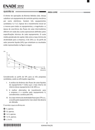 20
ADMINISTRAÇÃO
QUESTÃO 26	
O diretor de operações da Biomais Bebidas Ltda. deseja
substituir um equipamento de controle químico mecânico
por outro eletrônico. Existem três equipamentos
candidatos: X, Y e Z. Apesar de o investimento inicial ser
o mesmo para todos os equipamentos, a magnitude e a
época de ocorrência dos fluxos de caixa intermediários
diferem em razão dos custos operacionais definidos pelas
especificações técnicas de cada equipamento. O custo
médio ponderado de capital, tido como a taxa mínima de
atratividade para a empresa, é de 23% a.a. Os perfis de
valor presente líquido (VPL) que sintetizam os resultados
estão representados na figura a seguir.
VPL
Taxa de
desconto
X
Y
Z
15 22 27 34 37 42
Considerando os perfis de VPL para as três propostas
candidatas, avalie as afirmações seguintes.
I.	 A análise da dinâmica dos fluxos de caixa líquidos
do equipamento Y indica que a taxa interna de
retorno desse equipamento é de 34% a.a.
II.	 A melhor alternativa de investimento para
a empresa é a escolha pelo equipamento X,
considerando a análise pelo VPL.
III.	 Se a taxa mínima de atratividade fosse para 27% a.a.,
a escolha pelo equipamento mais viável não deveria
ser alterada.
É correto o que se afirma em
A	 II, apenas.
B	 III, apenas.
C	 I e II, apenas.
D	 I e III, apenas.
E	 I, II e III.
ÁREA LIVRE
*A01201220*
 
