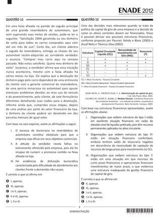 9
ADMINISTRAÇÃO
QUESTÃO 11	
Em uma faixa afixada na parede do saguão principal
de uma grande revendedora de automóveis, que
vem superando suas metas de vendas, pode-se ler o
seguinte: “Satisfação 100% garantida ou seu dinheiro
de volta para todos os carros comprados aqui com
até um mês de uso”. Certo dia, um cliente adentra
o saguão da revendedora, entrega as chaves de seu
automóvel recém-adquirido ao sorridente vendedor
e anuncia: “Comprei meu carro aqui na semana
passada. Não estou satisfeito. Quero meu dinheiro de
volta”. Surpreso, o vendedor afirma que essa situação
nunca acontecera, mesmo com a faixa afixada há
vários meses na loja. Ele explica que a devolução do
dinheiro pago pelo carro dependerá de uma entrevista
do cliente com o gerente comercial da revendedora,
de uma perícia minuciosa no automóvel para apurar
eventuais problemas devidos ao mau uso do veículo
e do preenchimento, pelo cliente, de sete formulários
diferentes detalhando suas razões para a devolução.
Informa ainda que, cumpridas essas etapas, depois
de uma análise por parte do setor financeiro da loja,
o dinheiro do cliente poderá ser devolvido em dez
parcelas mensais de igual valor.
Com base no caso exposto, avalie as afirmações a seguir.
I.	 O excesso de burocracia na revendedora de
automóveis constitui obstáculo para que a
empresa seja eficaz em seus objetivos comerciais.
II.	 A atitude do vendedor revela falhas no
treinamento oferecido pela empresa, pois ele foi
incapaz de cumprir a promessa contida na faixa
afixada na loja.
III.	 Há evidências de disfunção burocrática
caracterizada pela dificuldade de atendimento aos
clientes frente a demandas não usuais.
É correto o que se afirma em
A	 I, apenas.
B	 III, apenas.
C	 I e II, apenas.
D	 II e III, apenas.
E	 I, II e III.
QUESTÃO 12	
Uma das decisões mais relevantes quando se trata da
política de capital de giro de uma empresa é a decisão de
como os ativos correntes devem ser financiados. Disso
é possível derivar seis possíveis estruturas financeiras,
conforme proposto por Fleuriet, Kehdy e Blanc (2003) e
Assaf Neto e Tibúrcio Silva (2002).
Estrutura
Capital Circulante
Líquido (CCL)
Necessidade de
Investimento em
Giro (NIG)
Tesouraria
(T)
I + - +
II + + +
III + + -
IV - + -
V - - -
VI - - +
CCL = Ativo Circulante – Passivo Circulante
NIG=AtivoCirculanteOperacional–PassivoCirculanteOperacional
T = Ativo Circulante Financeiro – Passivo Circulante Financeiro
ASSAF NETO, A.; TIBÚRCIO SILVA, C. A. Administração do capital de giro.
3 ed. São Paulo: Atlas, 2002.
FLEURIET, M.; KEHDY, R.; BLANC, G. Modelo Fleuriet: a dinâmica financeira
das empresas brasileiras – um método de análise, orçamento e
planejamento financeiro. Belo Horizonte: Campus, 2003.
Com base nas estruturas financeiras apresentadas, avalie
as afirmações abaixo.
I.	 Organizações que exibem estrutura do tipo I estão
em excelente situação financeira em razão do
elevado nível de liquidez praticado, pois têm recursos
permanentes aplicados no ativo circulante.
II.	 Organizações que exibem estrutura do tipo IV
estão em situação financeira confortável,
embora tenham saldo de tesouraria negativo
em decorrência da necessidade de captação de
recursos de longo prazo para investimento no CCL.
III.	 Organizações que exibem estrutura do tipo V
estão em uma situação em que recursos de
curto prazo financeiros e operacionais financiam
investimentos de maior prazo, o que evidencia
uma estrutura inadequada de gestão financeira
de capital de giro.
É correto o que se afirma em
A	 II, apenas.
B	 III, apenas.
C	 I e II, apenas.
D	 I e III, apenas.
E	 I, II e III.
*A0120129*
 