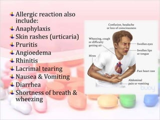 Allergic reaction also
include:
Anaphylaxis
Skin rashes (urticaria)
Pruritis
Angioedema
Rhinitis
Lacrimal tearing
Nausea & Vomiting
Diarrhea
Shortness of breath &
wheezing
 