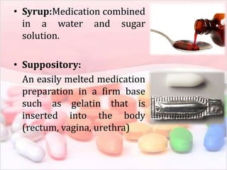 • Syrup:Medication combined
in a water and sugar
solution.
• Suppository:
An easily melted medication
preparation in a firm base
such as gelatin that is
inserted into the body
(rectum, vagina, urethra)
 