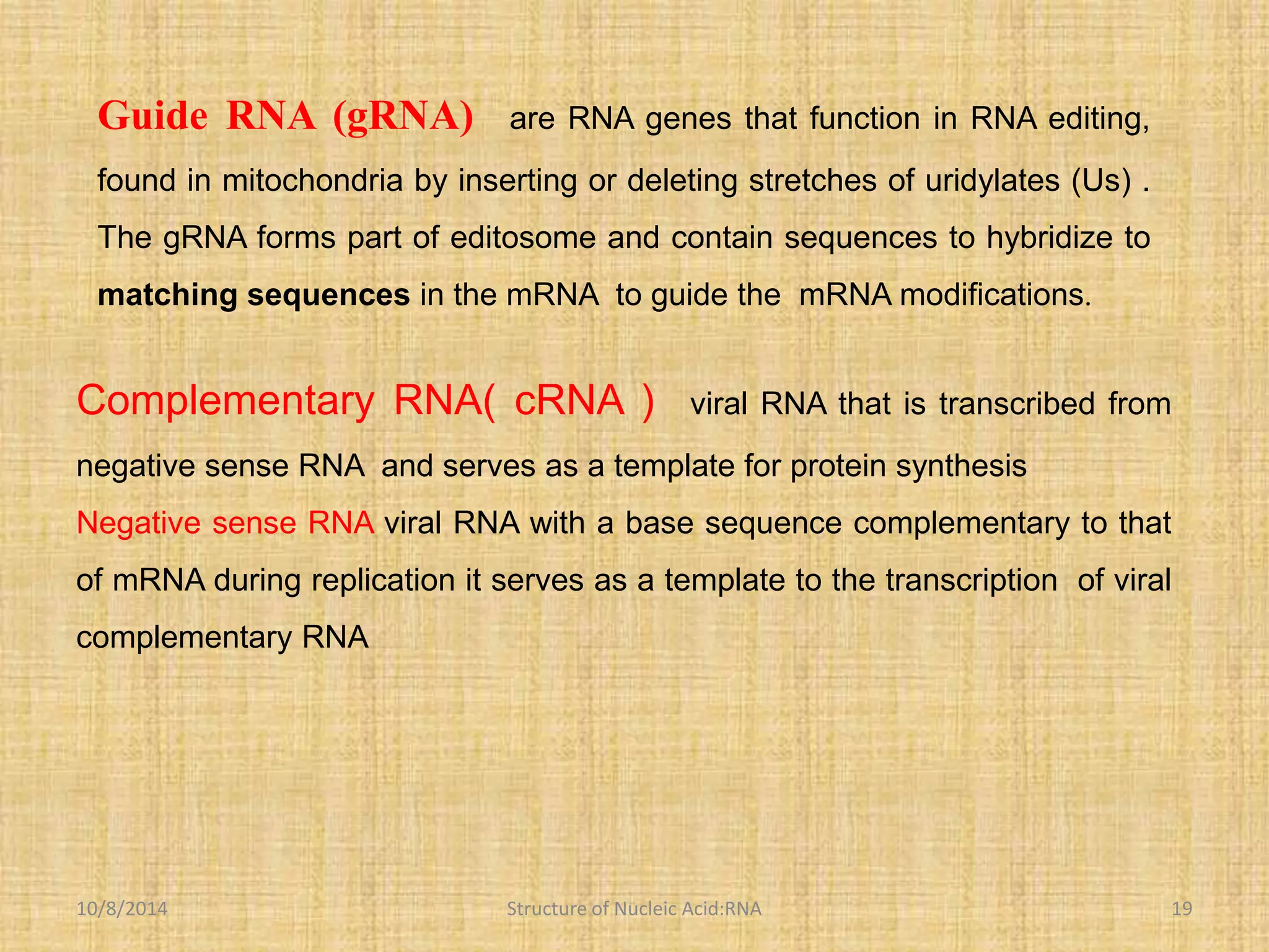 Guide RNA (gRNA) are RNA genes that function in RNA editing, 
found in mitochondria by inserting or deleting stretches of uridylates (Us) . 
The gRNA forms part of editosome and contain sequences to hybridize to 
matching sequences in the mRNA to guide the mRNA modifications. 
Complementary RNA( cRNA ) viral RNA that is transcribed from 
negative sense RNA and serves as a template for protein synthesis 
Negative sense RNA viral RNA with a base sequence complementary to that 
of mRNA during replication it serves as a template to the transcription of viral 
complementary RNA 
10/8/2014 Structure of Nucleic Acid:RNA 19 
 