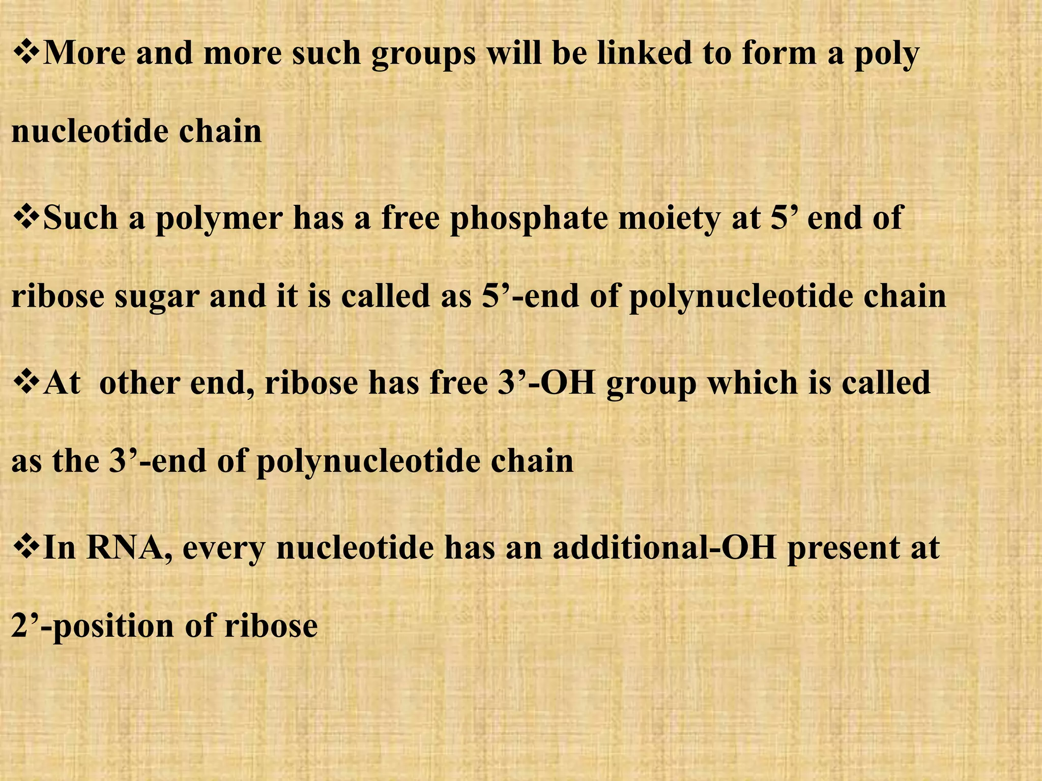 More and more such groups will be linked to form a poly 
nucleotide chain 
Such a polymer has a free phosphate moiety at 5’ end of 
ribose sugar and it is called as 5’-end of polynucleotide chain 
At other end, ribose has free 3’-OH group which is called 
as the 3’-end of polynucleotide chain 
In RNA, every nucleotide has an additional-OH present at 
2’-position of ribose 
 