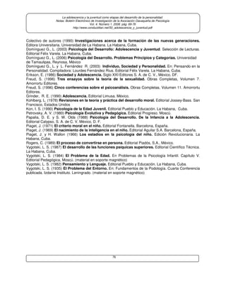 76
La adolescencia y la juventud como etapas del desarrollo de la personalidad.
Notas: Boletín Electrónico de Investigación de la Asociación Oaxaqueña de Psicología
Vol. 4. Número 1. 2008. pág. 69-76
http://www.conductitlan.net/50_adolescencia_y_juventud.pdf
Colectivo de autores (1990) Investigaciones acerca de la formación de las nuevas generaciones.
Editora Universitaria. Universidad de La Habana. La Habana, Cuba.
Domínguez G., L. (2003) Psicología del Desarrollo: Adolescencia y Juventud. Selección de Lecturas.
Editorial Félix Varela. La Habana, Cuba.
Domínguez G., L. (2006) Psicología del Desarrollo. Problemas Principios y Categorías. Universidad
de Tamaulipas, Reynosa, México
Domínguez G., L. y L. Fernández R. (2003) Individuo, Sociedad y Personalidad. En: Pensando en la
Personalidad. Compiladora: Lourdes Fernández Rius. Editorial Félix Varela. La Habana, Cuba.
Erikson, E. (1986) Sociedad y Adolescencia. Siglo XXI Editores S. A. de C. V., México, DF.
Freud, S. (1996) Tres ensayos sobre la teoría de la sexualidad. Obras Completas, Volumen 7.
Amorrortu Editores.
Freud, S. (1996) Cinco conferencias sobre el psicoanálisis. Obras Completas, Volumen 11. Amorrortu
Editores.
Grinder, R. E. (1990) Adolescencia. Editorial Limusa. México.
Kohlberg, L. (1978) Revisiones en la teoría y práctica del desarrollo moral. Editorial Jossey-Bass. San
Francisco, Estados Unidos
Kon, I. S. (1990) Psicología de la Edad Juvenil. Editorial Pueblo y Educación. La Habana, Cuba.
Petrovsky, A. V. (1980) Psicología Evolutiva y Pedagógica. Editorial Progreso. Moscú.
Papalia, D. E. y S. W. Olds (1988) Psicología del Desarrollo. De la Infancia a la Adolescencia.
Editorial Calypso, S. A. de C. V. México, D. F.
Piaget, J. (1971) El criterio moral en el niño. Editorial Fontanella. Barcelona, España.
Piaget, J. (1969) El nacimiento de la inteligencia en el niño. Editorial Aguilar S.A. Barcelona, España.
Piaget, J. y H. Wallon (1966) Los estadios en la psicología del niño. Edición Revolucionaria. La
Habana, Cuba.
Rogers, C. (1989) El proceso de convertirse en persona. Editorial Piadós, S.A., México.
Vygotski, L. S. (1987) El desarrollo de las funciones psíquicas superiores. Editorial Científico Técnica.
La Habana, Cuba.
Vygotski, L. S. (1984) El Problema de la Edad. En Problemas de la Psicología Infantil. Capítulo V.
Editorial Pedagógica, Moscú. (material en soporte magnético)
Vygotski, L. S. (1982) Pensamiento y Lenguaje. Editorial Pueblo y Educación. La Habana, Cuba.
Vygotski, L. S. (1935) El Problema del Entorno. En: Fundamentos de la Podología. Cuarta Conferencia
publicada. Izdanie Instituto. Leningrado. (material en soporte magnético)
 