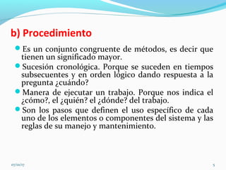 b) Procedimiento
Es un conjunto congruente de métodos, es decir que
tienen un significado mayor.
Sucesión cronológica. Porque se suceden en tiempos
subsecuentes y en orden lógico dando respuesta a la
pregunta ¿cuándo?
Manera de ejecutar un trabajo. Porque nos indica el
¿cómo?, el ¿quién? el ¿dónde? del trabajo.
Son los pasos que definen el uso específico de cada
uno de los elementos o componentes del sistema y las
reglas de su manejo y mantenimiento.
07/01/17 5
 