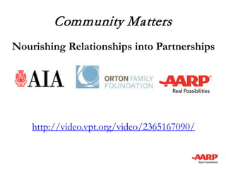 Community Matters
Nourishing Relationships into Partnerships
http://video.vpt.org/video/2365167090/
 