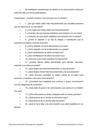 • Se establecen compromisos de cambio en la comunicación diaria por
parte de cada uno de los participantes.
Cuestionario " ¿Cuánto conozco y me comunico con mi familia?"
• 1. ¿De qué habla usted más frecuentemente con aquellas personas
que se relaciona en su vida diaria?
• 2. ¿Con quién (es) habla usted más frecuentemente?
• 3. ¿Cuándo y de qué manera establece comunicación con sus hijos?
• 4. ¿Cuándo y por qué razón establece comunicación con su pareja?
• 5. ¿Cómo le expresa a su hijo la alegría o satisfacción que le
producen sus logros y buenas acciones?
• 6. ¿Cómo despide o le da la bienvenida a sus hijos?
• 7. ¿Cómo despide o le da la bienvenida a su pareja?
• 8. ¿Qué manifestación de afecto ha dado hoy?
• 9. ¿Qué manifestación de afecto ha recibo hoy?
• 10. ¿Escucha a sus seres queridos con frecuencia?
• 11. ¿Cuánto tiempo dedica diariamente para atender, escuchar,
acariciar a sus hijos y/o pareja?
• 12. ¿Qué elogios da más frecuentemente y a que personas?
• 13. ¿Qué elogios recibe más frecuentemente y de que personas?
• 14. ¿Qué acciones considera se deben cultivar en el hogar para
promover y mantener una buena comunicación?
• 15. ¿Considera que establece una continua y buena comunicación
con los integrantes de su familia?
• 16. ¿Qué sabor le pone a la comunicación que existe en su familia?
Por qué?
• 17. ¿Cómo demuestra su enojo y disgusto ante sus seres queridos?
• 18. ¿Qué persona de su familia se comunica mejor?
• 19. ¿Qué persona de su familia sabe escuchar?
• 20. ¿Qué le hace falta a la comunicación que usted establece en su
familia?
Dirección General de Participación e Igualdad Consejería de Educación y Ciencia
 