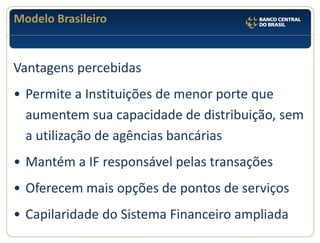 Modelo Brasileiro 
Vantagens percebidas 
•Permite a Instituições de menor porte que aumentem sua capacidade de distribuição, sem a utilização de agências bancárias 
•Mantém a IF responsável pelas transações 
•Oferecem mais opções de pontos de serviços 
•Capilaridade do Sistema Financeiro ampliada  