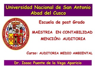 Dr. Isaac Puente de la Vega Aparicio
Universidad Nacional de San Antonio
Abad del Cusco
Escuela de post Grado
Curso: AUDITORIA MEDIO AMBIENTAL
MENCIÒN: AUDITORIA
MAESTRIA EN CONTABILIDAD
 
