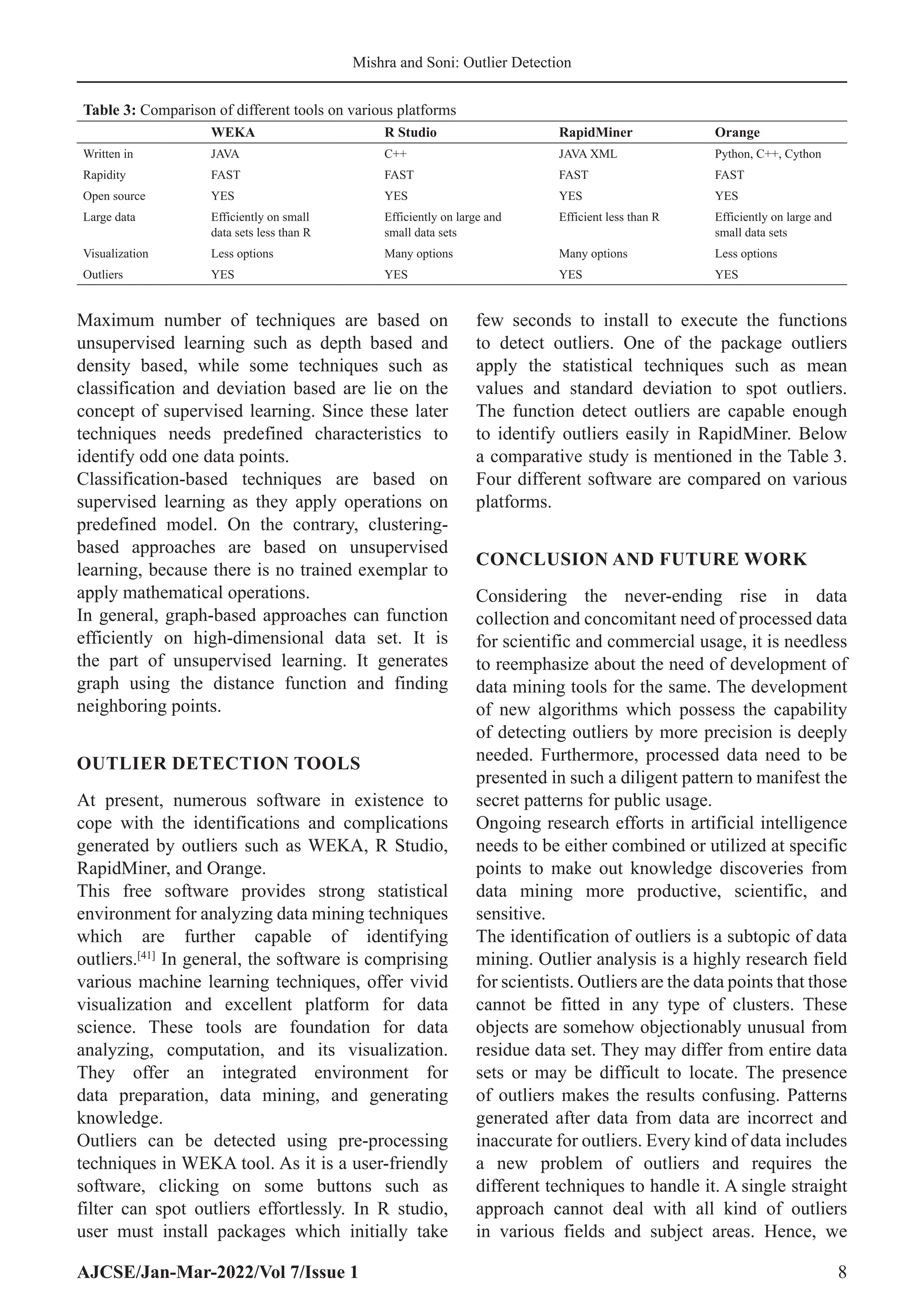 AJCSE/Jan-Mar-2022/Vol 7/Issue 1 8
Mishra and Soni: Outlier Detection
Maximum number of techniques are based on
unsupervised learning such as depth based and
density based, while some techniques such as
classification and deviation based are lie on the
concept of supervised learning. Since these later
techniques needs predefined characteristics to
identify odd one data points.
Classification-based techniques are based on
supervised learning as they apply operations on
predefined model. On the contrary, clustering-
based approaches are based on unsupervised
learning, because there is no trained exemplar to
apply mathematical operations.
In general, graph-based approaches can function
efficiently on high-dimensional data set. It is
the part of unsupervised learning. It generates
graph using the distance function and finding
neighboring points.
OUTLIER DETECTION TOOLS
At present, numerous software in existence to
cope with the identifications and complications
generated by outliers such as WEKA, R Studio,
RapidMiner, and Orange.
This free software provides strong statistical
environment for analyzing data mining techniques
which are further capable of identifying
outliers.[41]
In general, the software is comprising
various machine learning techniques, offer vivid
visualization and excellent platform for data
science. These tools are foundation for data
analyzing, computation, and its visualization.
They offer an integrated environment for
data preparation, data mining, and generating
knowledge.
Outliers can be detected using pre-processing
techniques in WEKA tool. As it is a user-friendly
software, clicking on some buttons such as
filter can spot outliers effortlessly. In R studio,
user must install packages which initially take
few seconds to install to execute the functions
to detect outliers. One of the package outliers
apply the statistical techniques such as mean
values and standard deviation to spot outliers.
The function detect outliers are capable enough
to identify outliers easily in RapidMiner. Below
a comparative study is mentioned in the Table 3.
Four different software are compared on various
platforms.
CONCLUSION AND FUTURE WORK
Considering the never-ending rise in data
collection and concomitant need of processed data
for scientific and commercial usage, it is needless
to reemphasize about the need of development of
data mining tools for the same. The development
of new algorithms which possess the capability
of detecting outliers by more precision is deeply
needed. Furthermore, processed data need to be
presented in such a diligent pattern to manifest the
secret patterns for public usage.
Ongoing research efforts in artificial intelligence
needs to be either combined or utilized at specific
points to make out knowledge discoveries from
data mining more productive, scientific, and
sensitive.
The identification of outliers is a subtopic of data
mining. Outlier analysis is a highly research field
for scientists. Outliers are the data points that those
cannot be fitted in any type of clusters. These
objects are somehow objectionably unusual from
residue data set. They may differ from entire data
sets or may be difficult to locate. The presence
of outliers makes the results confusing. Patterns
generated after data from data are incorrect and
inaccurate for outliers. Every kind of data includes
a new problem of outliers and requires the
different techniques to handle it. A single straight
approach cannot deal with all kind of outliers
in various fields and subject areas. Hence, we
Table 3: Comparison of different tools on various platforms
WEKA R Studio RapidMiner Orange
Written in JAVA C++ JAVA XML Python, C++, Cython
Rapidity FAST FAST FAST FAST
Open source YES YES YES YES
Large data Efficiently on small
data sets less than R
Efficiently on large and
small data sets
Efficient less than R Efficiently on large and
small data sets
Visualization Less options Many options Many options Less options
Outliers YES YES YES YES
 