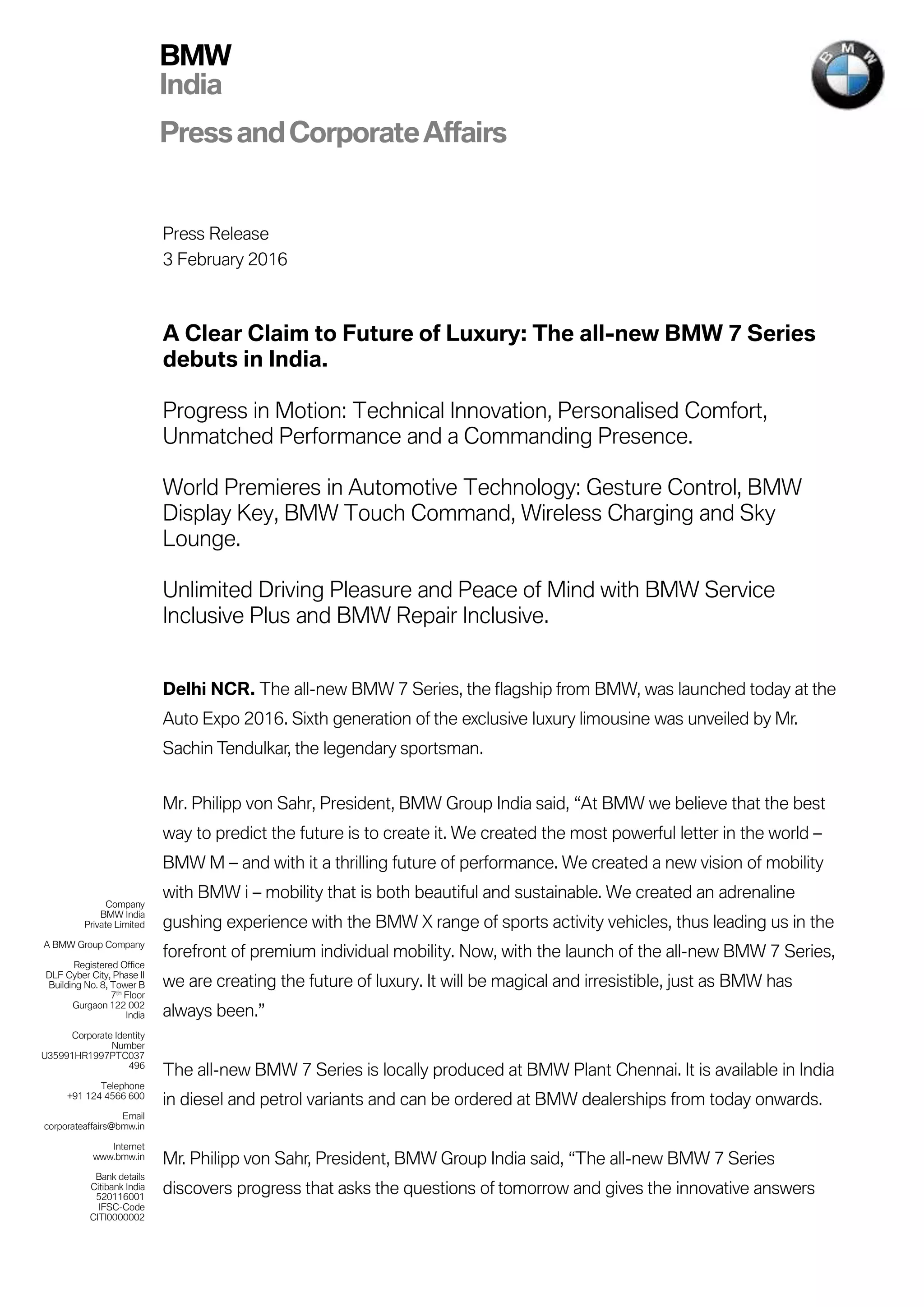 BMW 7 Series Auto Expo Press Release | PDF