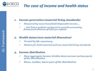 5 
IG: Framework 
The case of income and health status 
1. Income generation (material living standards) 
 Measured by mean household disposable income… 
 … but link to policies anchored in growth accounting 
framework (drivers of GDP per capita) 
2. Health status (non-material dimension) 
 Proxied by life expectancy 
 Matters for both material and non-material living standards 
3. Income distribution 
 How aggregate income trickles down across various parts 
of the distribution 
 Mean, median, lower part of the distribution 
 