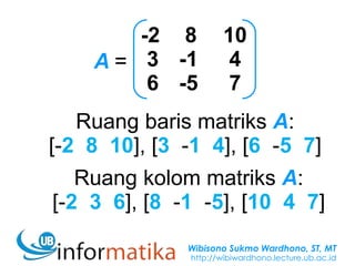 Wibisono Sukmo Wardhono, ST, MT
http://wibiwardhono.lecture.ub.ac.id
-2 8 10
3 -1 4
6 -5 7
A =
Ruang baris matriks A:
[-2 8 10], [3 -1 4], [6 -5 7]
Ruang kolom matriks A:
[-2 3 6], [8 -1 -5], [10 4 7]
 