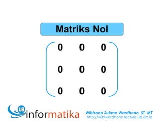 Wibisono Sukmo Wardhono, ST, MT
http://wibiwardhono.lecture.ub.ac.id
Matriks Nol
0 0 0
0 0 0
0 0 0
 