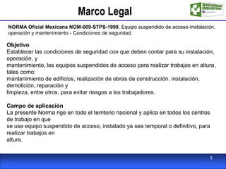 Objetivo
Establecer las condiciones de seguridad con que deben contar para su instalación,
operación, y
mantenimiento, los equipos suspendidos de acceso para realizar trabajos en altura,
tales como:
mantenimiento de edificios, realización de obras de construcción, instalación,
demolición, reparación y
limpieza, entre otros, para evitar riesgos a los trabajadores.
Campo de aplicación
La presente Norma rige en todo el territorio nacional y aplica en todos los centros
de trabajo en que
se use equipo suspendido de acceso, instalado ya sea temporal o definitivo, para
realizar trabajos en
altura.
Marco Legal
NORMA Oficial Mexicana NOM-009-STPS-1999, Equipo suspendido de acceso-Instalación,
operación y mantenimiento - Condiciones de seguridad.
5
 