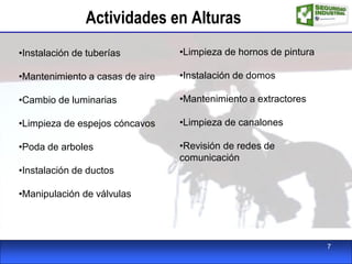 Actividades en Alturas
•Instalación de tuberías
•Mantenimiento a casas de aire
•Cambio de luminarias
•Limpieza de espejos cóncavos
•Poda de arboles
•Instalación de ductos
•Manipulación de válvulas
•Limpieza de hornos de pintura
•Instalación de domos
•Mantenimiento a extractores
•Limpieza de canalones
•Revisión de redes de
comunicación
7
 