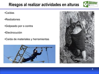 Riesgos al realizar actividades en alturas
•Caídas
•Resbalones
•Golpeado por o contra
•Electrocución
•Caída de materiales y herramientas
8
 