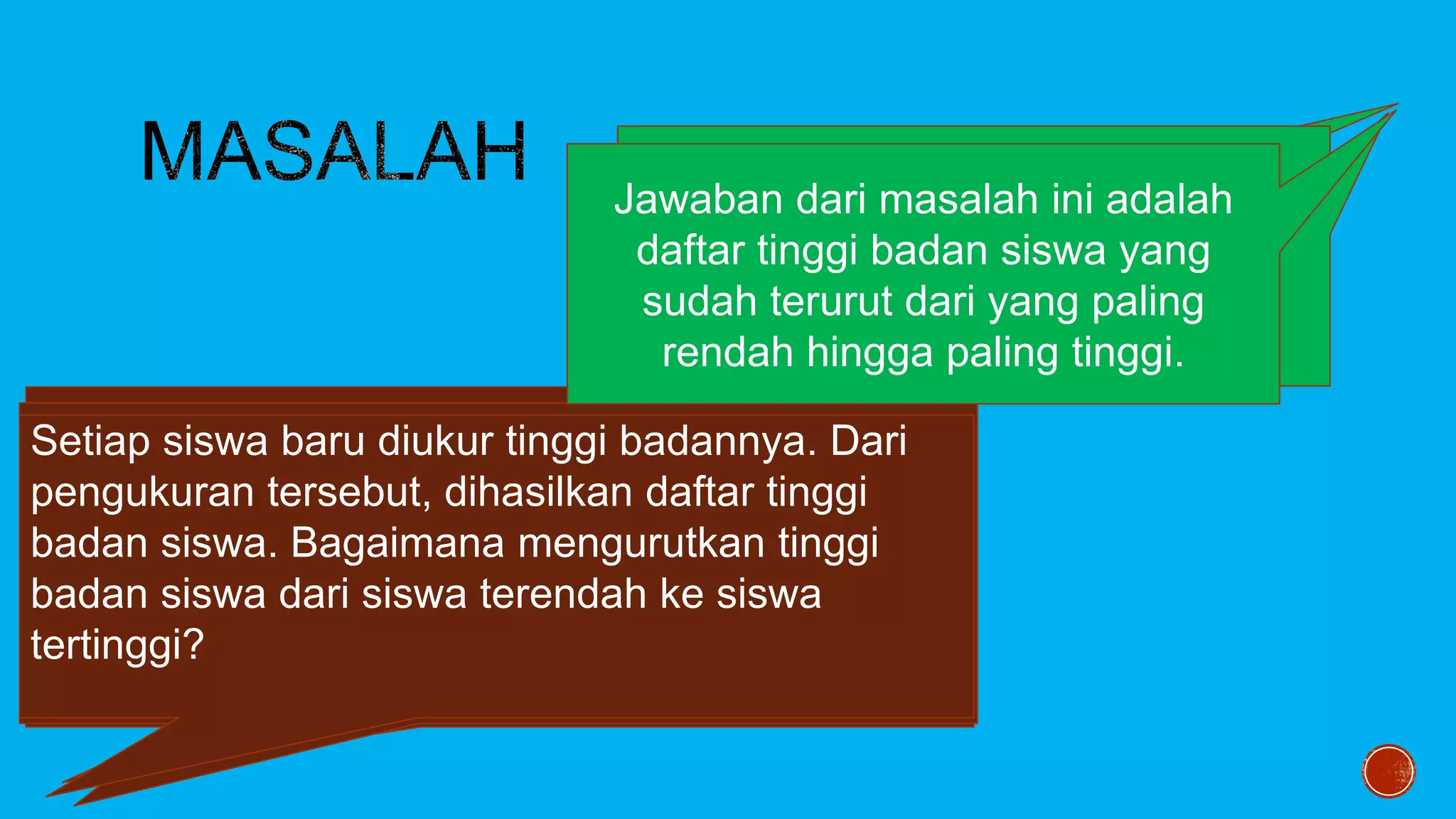 Bu Tisna yang mengajar mata pelajaran
Pemrograman Dasar kelas 10 RPL melakukan
penilaian praktik di kelas pada setiap siswa.
Setiap siswa mendapatkan nilai sesuai kriteria
penilaian. Dari jawaban tersebut,berapakah
dengan nilai tertinggi?
Pada papan pengumuman, tercantum daftar
nama siswa kelas 11 Kimia Industri yang sudah
tuntas pada praktikum mata pelajaran Asas
Teknik Kimia. Bagaimana cara mengetahui
apakah Rahmawati tuntas pada pelajaran
tersebut?
Setiap siswa baru diukur tinggi badannya. Dari
pengukuran tersebut, dihasilkan daftar tinggi
badan siswa. Bagaimana mengurutkan tinggi
badan siswa dari siswa terendah ke siswa
tertinggi?
Jawaban dari masalah
ini adalah angka nilai
tertinggi yang dicapai
siswa
Jawaban dari masalah ini, jika
namanya tercantum pada daftar,
artinya dia sudah tuntas pada
praktikum
Jawaban dari masalah ini adalah
daftar tinggi badan siswa yang
sudah terurut dari yang paling
rendah hingga paling tinggi.
 