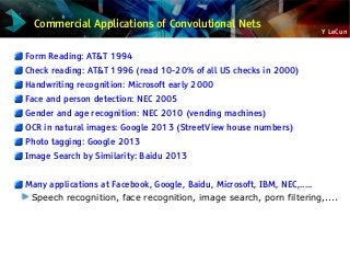 Y LeCun
Commercial Applications of Convolutional Nets
Form Reading: AT&T 1994
Check reading: AT&T 1996 (read 10-20% of all US checks in 2000)
Handwriting recognition: Microsoft early 2000
Face and person detection: NEC 2005
Gender and age recognition: NEC 2010 (vending machines)
OCR in natural images: Google 2013 (StreetView house numbers)
Photo tagging: Google 2013
Image Search by Similarity: Baidu 2013
Many applications at Facebook, Google, Baidu, Microsoft, IBM, NEC,.....
Speech recognition, face recognition, image search, porn filtering,....
 