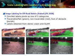 Y LeCun
Input imageInput image Stereo LabelsStereo Labels
Classifier OutputClassifier Output
Scene Labeling with ConvNet + online learning
Image Labeling for Off-Road Robots [Hadsell JFR 2008]
ConvNet labels pixels as one of 3 categories
Traversible/flat (green), non traversible (red), foot of obstacle
(purple)
Labels obtained from stereo vision and SLAM
Input imageInput image Stereo LabelsStereo Labels Classifier OutputClassifier Output
 