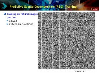 Y LeCun
Training on natural images
patches.
12X12
256 basis functions
Predictive Sparse Decomposition (PSD): Training
 