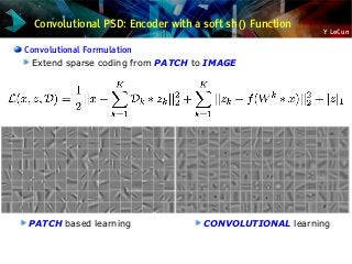 Y LeCun
Convolutional Formulation
Extend sparse coding from PATCH to IMAGE
PATCH based learning CONVOLUTIONAL learning
Convolutional PSD: Encoder with a soft sh() Function
 