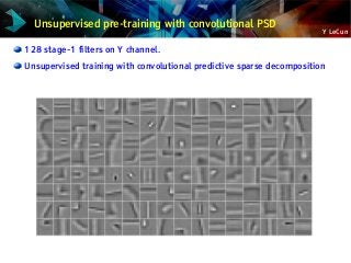 Y LeCun
128 stage-1 filters on Y channel.
Unsupervised training with convolutional predictive sparse decomposition
Unsupervised pre-training with convolutional PSD
 