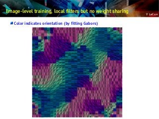 Y LeCun
Image-level training, local filters but no weight sharing
Color indicates orientation (by fitting Gabors)
 