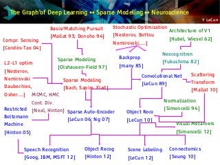 Y LeCun
The Graph of Deep Learning Sparse Modeling Neuroscience↔ ↔
Architecture of V1
[Hubel, Wiesel 62]
Basis/Matching Pursuit
[Mallat 93; Donoho 94]
Sparse Modeling
[Olshausen-Field 97]
Neocognitron
[Fukushima 82]
Backprop
[many 85]
Convolutional Net
[LeCun 89]
Sparse Auto-Encoder
[LeCun 06; Ng 07]
Restricted
Boltzmann
Machine
[Hinton 05]
Normalization
[Simoncelli 94]
Speech Recognition
[Goog, IBM, MSFT 12]
Object Recog
[Hinton 12]
Scene Labeling
[LeCun 12]
Connectomics
[Seung 10]
Object Reco
[LeCun 10]
Compr. Sensing
[Candès-Tao 04]
L2-L1 optim
[Nesterov,
Nemirovski
Daubechies,
Osher....]
Scattering
Transform
[Mallat 10]
Stochastic Optimization
[Nesterov, Bottou
Nemirovski,....]
Sparse Modeling
[Bach, Sapiro. Elad]
MCMC, HMC
Cont. Div.
[Neal, Hinton]
Visual Metamers
[Simoncelli 12]
 