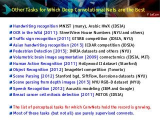 Y LeCun
Other Tasks for Which Deep Convolutional Nets are the Best
Handwriting recognition MNIST (many), Arabic HWX (IDSIA)
OCR in the Wild [2011]: StreetView House Numbers (NYU and others)
Traffic sign recognition [2011] GTSRB competition (IDSIA, NYU)
Asian handwriting recognition [2013] ICDAR competition (IDSIA)
Pedestrian Detection [2013]: INRIA datasets and others (NYU)
Volumetric brain image segmentation [2009] connectomics (IDSIA, MIT)
Human Action Recognition [2011] Hollywood II dataset (Stanford)
Object Recognition [2012] ImageNet competition (Toronto)
Scene Parsing [2012] Stanford bgd, SiftFlow, Barcelona datasets (NYU)
Scene parsing from depth images [2013] NYU RGB-D dataset (NYU)
Speech Recognition [2012] Acoustic modeling (IBM and Google)
Breast cancer cell mitosis detection [2011] MITOS (IDSIA)
The list of perceptual tasks for which ConvNets hold the record is growing.
Most of these tasks (but not all) use purely supervised convnets.
 