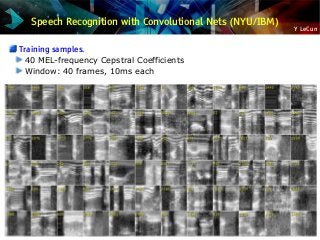 Y LeCun
Speech Recognition with Convolutional Nets (NYU/IBM)
Training samples.
40 MEL-frequency Cepstral Coefficients
Window: 40 frames, 10ms each
 