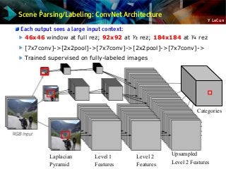Y LeCun
Scene Parsing/Labeling: ConvNet Architecture
Each output sees a large input context:
46x46 window at full rez; 92x92 at ½ rez; 184x184 at ¼ rez
[7x7conv]->[2x2pool]->[7x7conv]->[2x2pool]->[7x7conv]->
Trained supervised on fully-labeled images
Laplacian
Pyramid
Level 1
Features
Level 2
Features
Upsampled
Level 2 Features
Categories
 