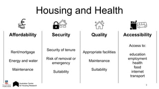 3
Housing and Health
Affordability Security Quality Accessibility
Rent/mortgage
Energy and water
Maintenance
Security of tenure
Risk of removal or
emergency
Suitability
Appropriate facilities
Maintenance
Suitability
Access to:
education
employment
health
food
internet
transport
 