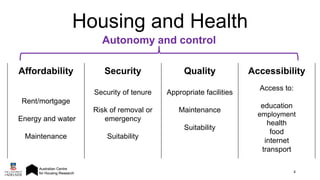 4
Housing and Health
Affordability Security Quality Accessibility
Rent/mortgage
Energy and water
Maintenance
Security of tenure
Risk of removal or
emergency
Suitability
Appropriate facilities
Maintenance
Suitability
Access to:
education
employment
health
food
internet
transport
Autonomy and control
 