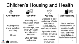 6
Children’s Housing and Health
Affordability Security Quality Accessibility
Housing costs
crowd out other
spending
Stress
Insecurity and
moving can affect
social
relationships, and
links with health
and education
services
Child services
involvement
Exposure to cold
and damp affects
respiratory,
cardiovascular,
and mental health
Space for study,
privacy, crowding
and contagion
Child services
involvement
Home location
affects access to
schools, health
services, child
care, and other
essentials e.g.
food (food deserts)
 