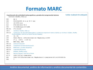 Análisis documental, análisis de información y análisis documental de contenidos
Formato MARC
• Partes del registro bibliográfico
• Puntos de Acceso: nombre, término o signo bajo el cual
puede ser buscado o identificado un R.B. Igualmente
identificados por “campos”
– Asiento principal (1xx, 24x)
– Encabezamientos de materia (6xx)
– Asientos secundarios (7xx)
 