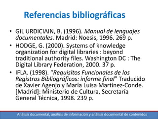 Análisis documental, análisis de información y análisis documental de contenidos
Referencias bibliográficas
• GIL URDICIAIN, B. (1996). Manual de lenguajes
documentales. Madrid: Noesis, 1996. 269 p.
• HODGE, G. (2000). Systems of knowledge
organization for digital libraries : beyond
traditional authority files. Washington DC : The
Digital Library Federation, 2000. 37 p.
• IFLA. (1998). “Requisitos Funcionales de los
Registros Bibliográficos: informe final” Traducido
de Xavier Agenjo y María Luisa Martínez-Conde.
[Madrid]: Ministerio de Cultura, Secretaría
General Técnica, 1998. 239 p.
 