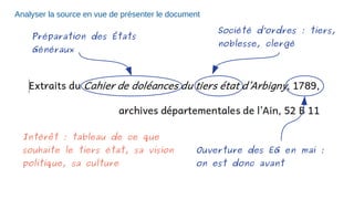 Analyser la source en vue de présenter le document
Société d’ordres : tiers,
noblesse, clergé
Préparation des États
Généraux
Ouverture des EG en mai :
on est donc avant
Intérêt : tableau de ce que
souhaite le tiers état, sa vision
politique, sa culture
 
