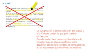 Conseil
Le surlignage et la stricte distinction des étapes 2
et 3 n’ont été utilisés ici que pour la clarté
de l’exposé.
Dans la réalité, il est beaucoup plus efficace de
travailller avec un stylo en griffonant sur le
document et en notant les idées et connaissances
au fur et à mesure que le cerveau les mobilise
 