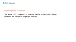 Définir les axes
Que révèle ce document sur la nouvelle société et le régime politique
souhaités par une partie du peuple français ?
Tenir compte de la consigne
 