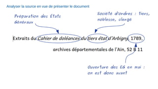 Analyser la source en vue de présenter le document
Société d’ordres : tiers,
noblesse, clergé
Préparation des États
Généraux
Ouverture des EG en mai :
on est donc avant
 